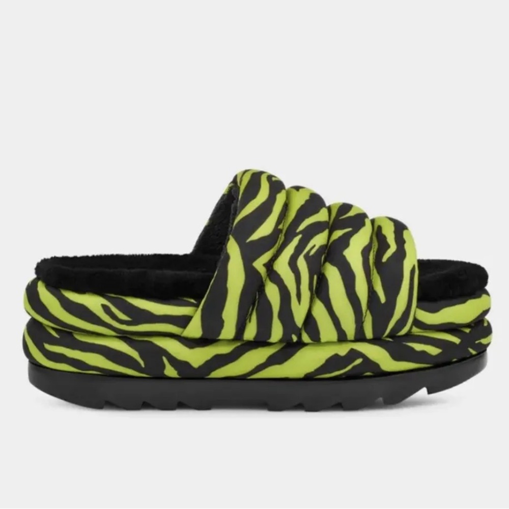 UGG Lime Green Black Maxi Slide Tiger Print Platform Slip On Sandal Wool 7 NEW